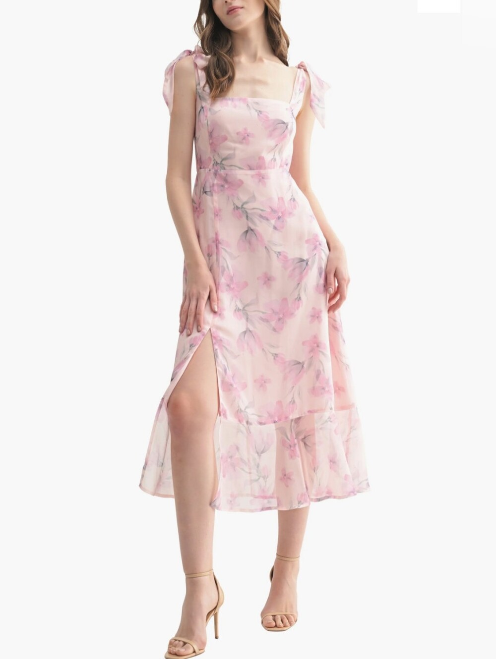 Floral Pink Square-Neck Midi        Dress 0003